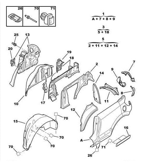 Références des pièces pour l’aile arrière intérieur et moulure