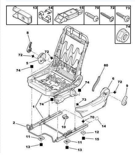 Références des pièces pour le cadre de siège avant et coulisse de siège conduite droite
