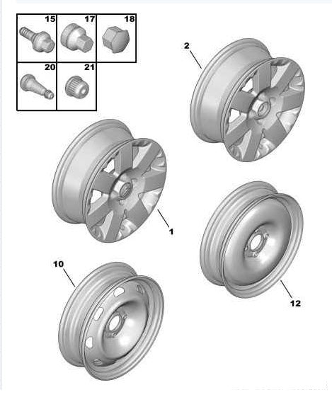 Références des pièces des roues et boulons